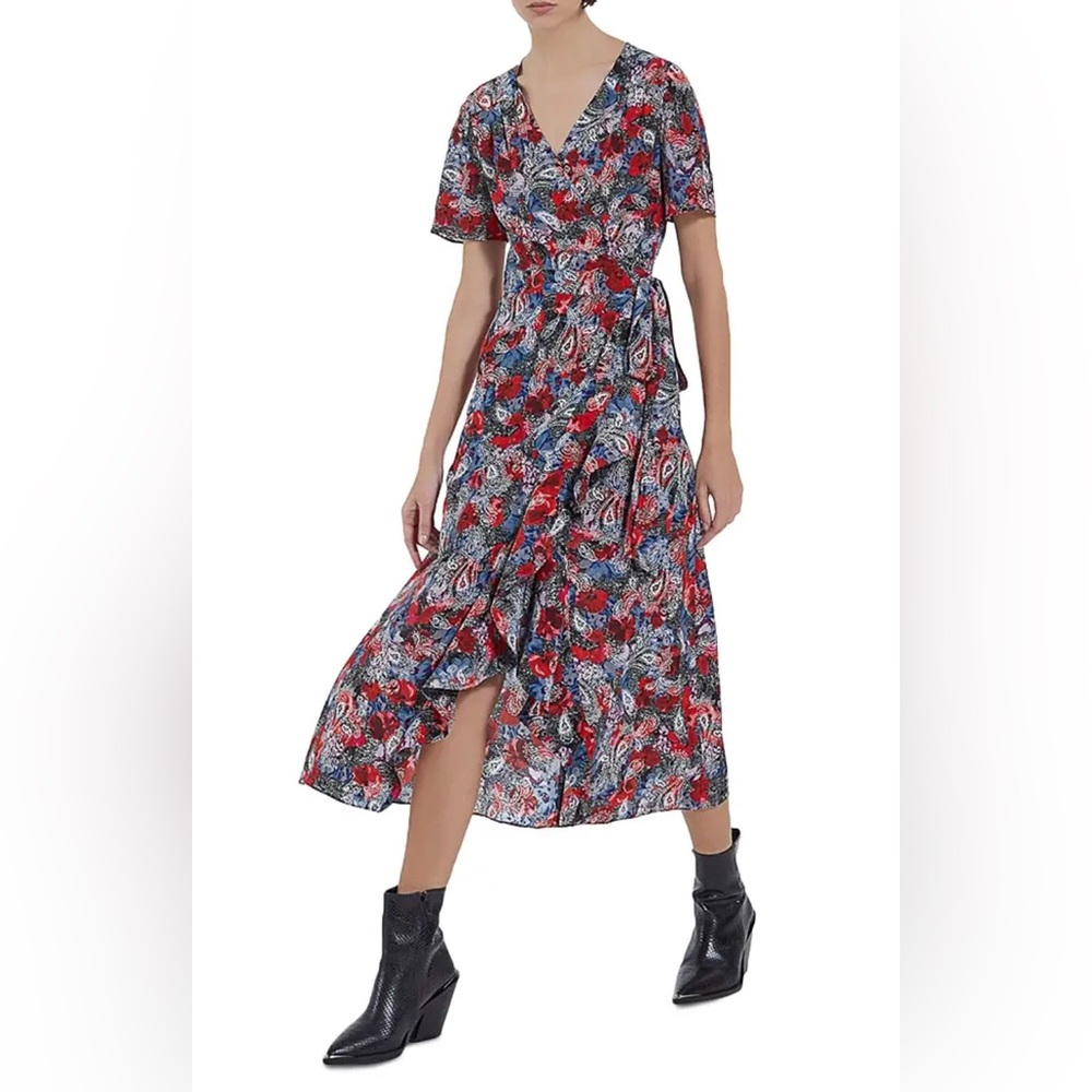 The Kooples Silk Wrap Dress Size 2 Paisley Flowers Print V-Neck